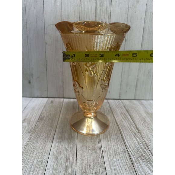 Vtg Jeannette Marigold Carnival Depression Herringbone Vase Iris Peach 9'' Tall - Picture 9 of 11